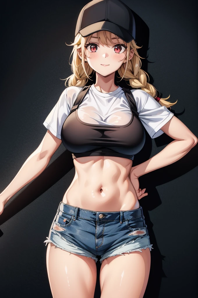 the girl is surrounded by a bunch of anime style girls with short hair, blue eyes, multiple girls, crop top, long hair, breasts, hat, baseball cap, navel, shorts, braid, looking at viewer, large breasts, twin braids, black hair, midriff, black shirt, thighhighs, stomach, bare shoulders, short shorts, blonde hair, collarbone, shirt, sleeveless, cutoffs, denim, black headwear, sleeveless shirt, bare arms