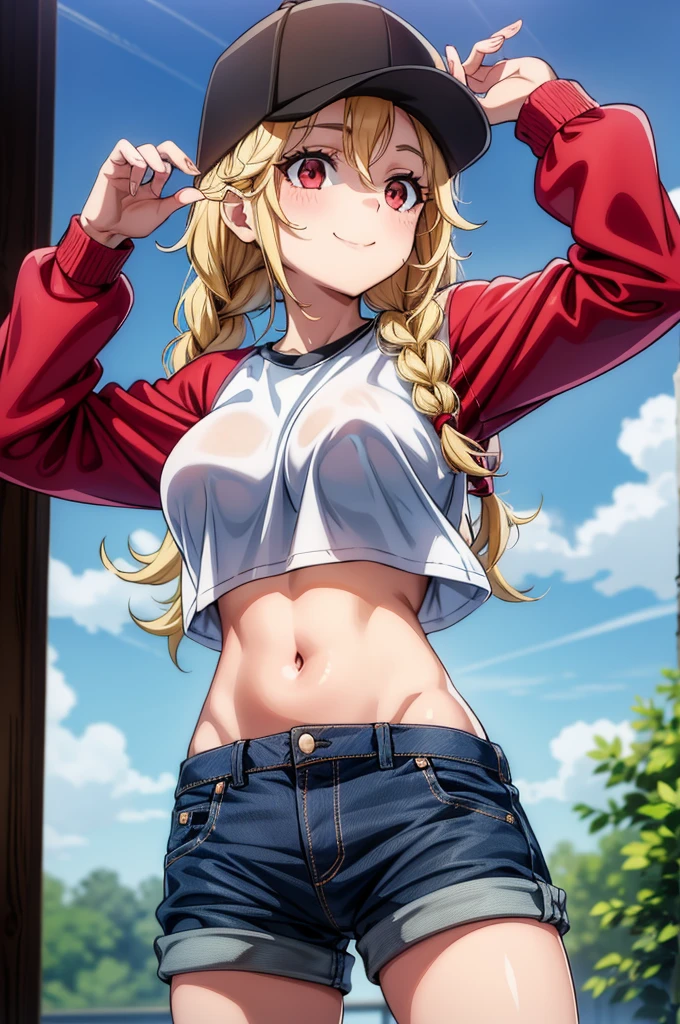 a woman wearing a cap and bra is posing with one hand up, 1girl, solo, navel, baseball cap, red eyes, hat, braid, blonde hair, denim, breasts, looking at viewer, long hair, stomach, shirt, midriff, long sleeves, black headwear, smile, crop top, white shirt, blush