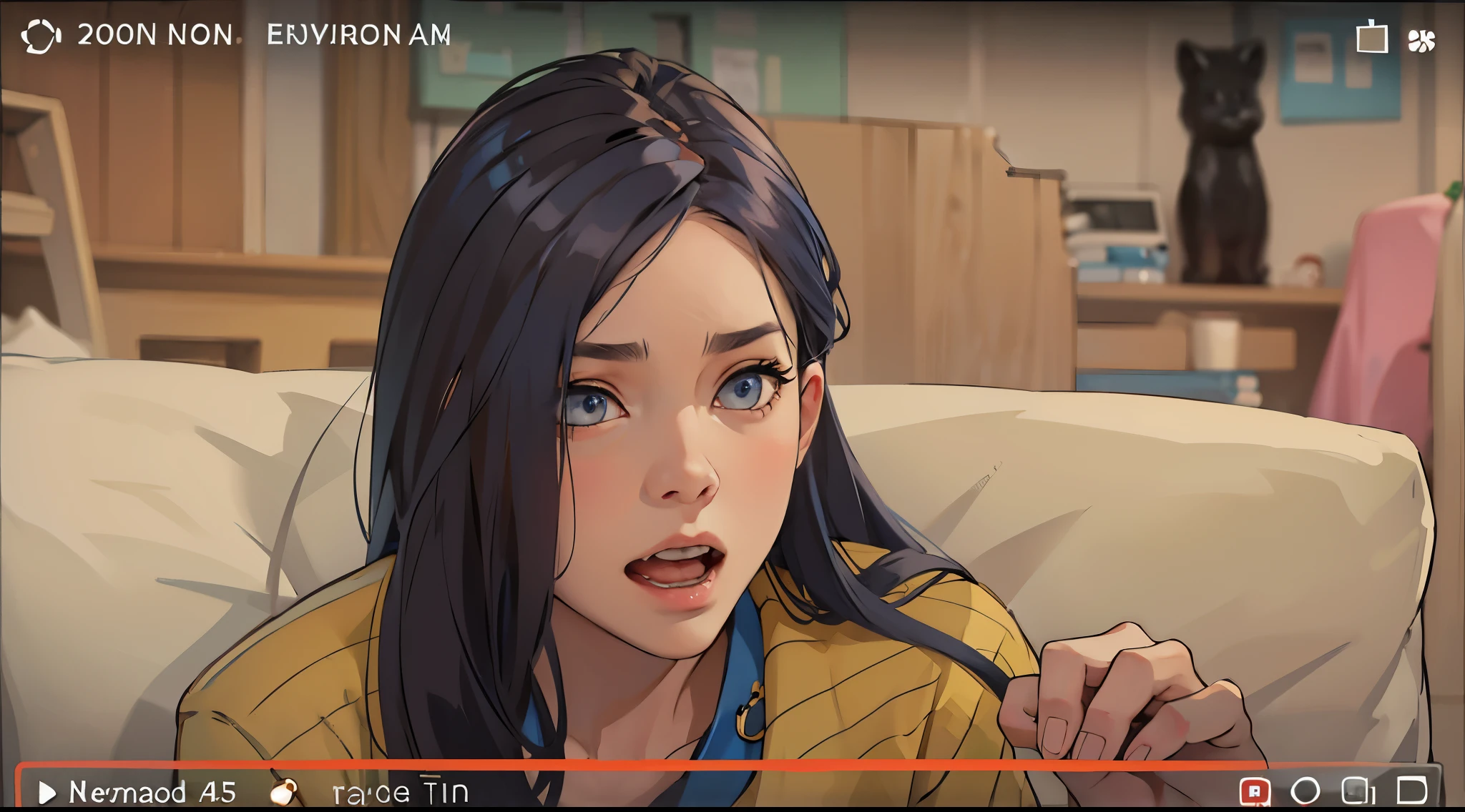 cute girl with blue hair, gray eyes, she is surprised, she is 16 years old