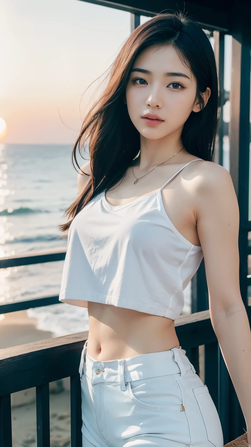 (logo、masterpiece、8k、Tabletop、RAW Photos、wonderful、最high quality、Photorealistic and Very detailed CG integrated 8k wallpaper、high quality、Very detailed、Narrative poem、Particle Effects、Dynamic Effects、Written boundary depth、Cinematic Light、Lens flare、Ray Tracing)、Fantasy、 (One beautiful woman、White Pants、White T-shirt、White tube top、White crop top、Black-haired、Beautiful Face、True Face、Beautiful details、eye、Beautiful Skin、Ultimate Body、glamorous)、私の髪はWindに舞う、Hair flutters in Wind、Hair bounces、Seaside、wonderful景色、coastal、sunrise、Sun in the background、Wind、Beach