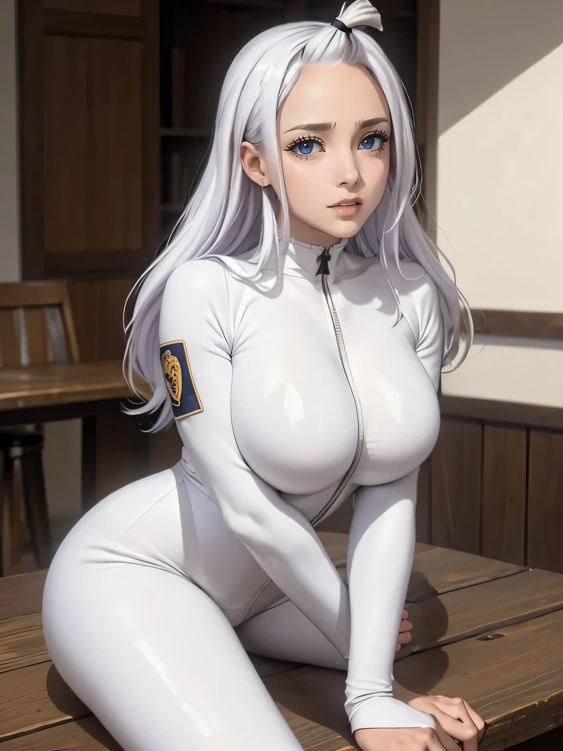 (masterpiece:1.1), (top quality:1.1), Whole body, short hair, good anatomy, lock of hair,, (1 girl:1.2), (detailed face and eyes:1.25), long white hair, Brown eyes, ((white bodysuit:1.2), big breasts,split:1.2), blush, I look at the viewer, mature woman, sidelocks, tatibana kyoka,, sitting, Elysiumchar, Oil painting,  