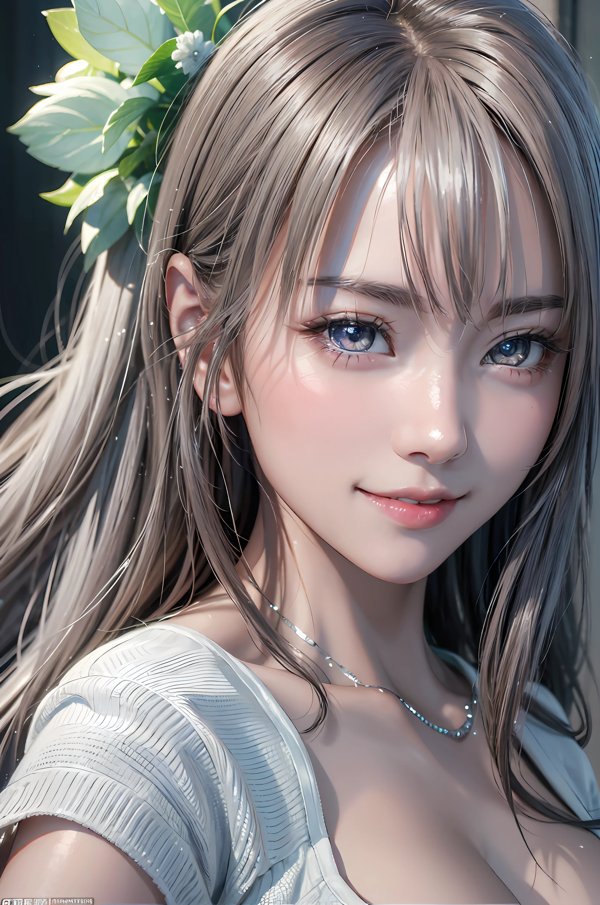 highest quality、8K masterpiece、超A high resolution、(Photorealistic:1.3)、RAW Photos、1 girl、Silvery white hair、Glowing Skin、Super Beauty、((Ultra-Realistic Details))、Portrait、Global Illumination、Shadow、Octane Rendering、In 8K、Super sharp、Beautiful breasts、Cold colors、、Very intricate details、Realistic Light、CGSoation Trend、Beautiful Eyes、Shining Eyes、Looking into the camera、Neon Details、Cute Smile