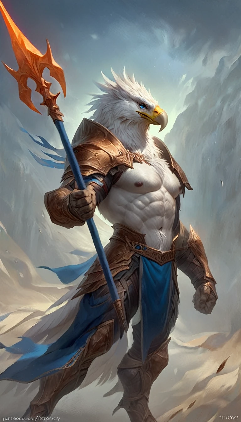 Anthro male eagle knight holding a spear, illustration, solo, serious expression, masterpiece, best art, full body, by laobai, by taran fiddler, by honovy, detailed eyes, detailed body, claws, tall, topless, pecs, abs, nipples, pauldrons