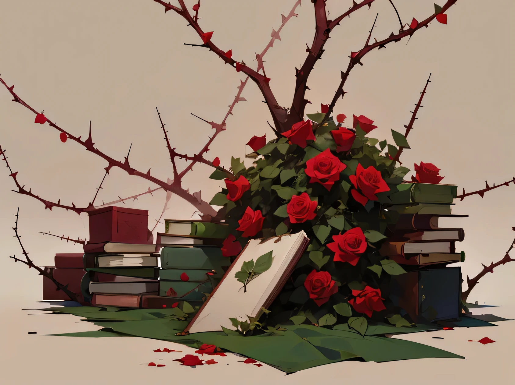 Background picture. Basis -- books, Roses and thorns. beige background color, green rose thorns, Burgundy rose flowers, elegance, (((without people)))