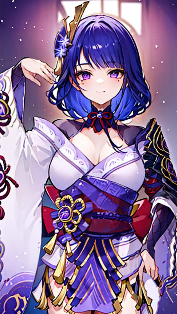 (masterpiece:1.2), (best quality:1.2), ayato(genshin impact) perfect eyes, perfect face, midium hair, 1girl, mature female concubine wearing kimono, off shoulders, blue hair, traditional Japanese hairdo, obi, blue clothes, calm smile, one mole under lips, beautifully detailed eyes eyes, midium breasts, topless, cleavage, hands on breasts, floral pattern, silk, embroideries,makeup, thick eyelashes, standing in a Japanese room, detailed background