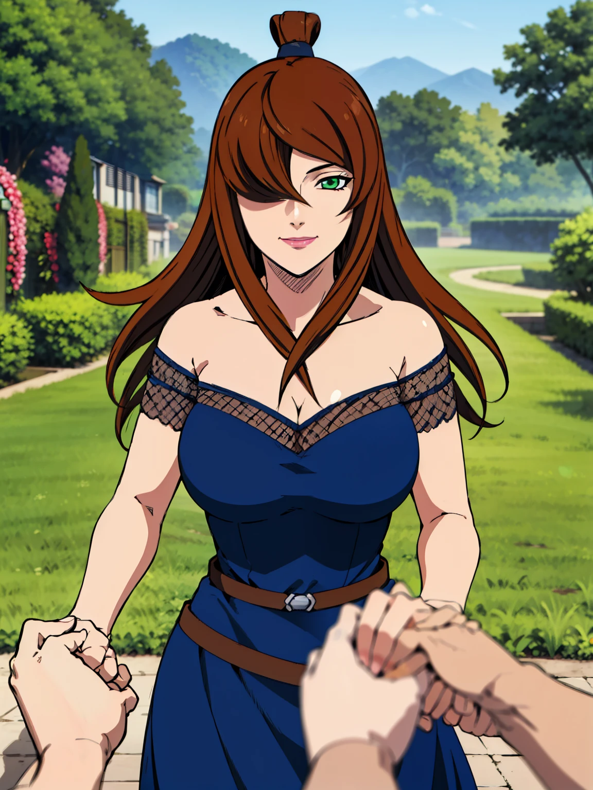 (Holding Hands Pov : 1.3), blue dress, garden background, Mei Terumi, anime cels style, best quality, high resolution, 1girl, (large breasts:1.2), beautiful face, long hair, brown hair, green eyes, ((hair over one eye)), lipstick, cowboy shot, light smile