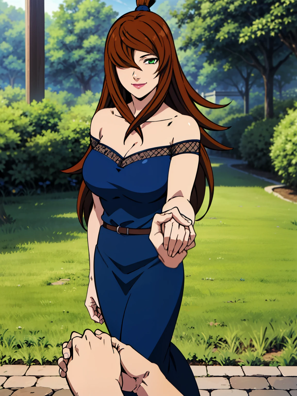 (Holding Hands Pov : 1.3), blue dress, garden background, Mei Terumi, anime cels style, best quality, high resolution, 1girl, (large breasts:1.2), beautiful face, long hair, brown hair, green eyes, ((hair over one eye)), lipstick, cowboy shot, light smile