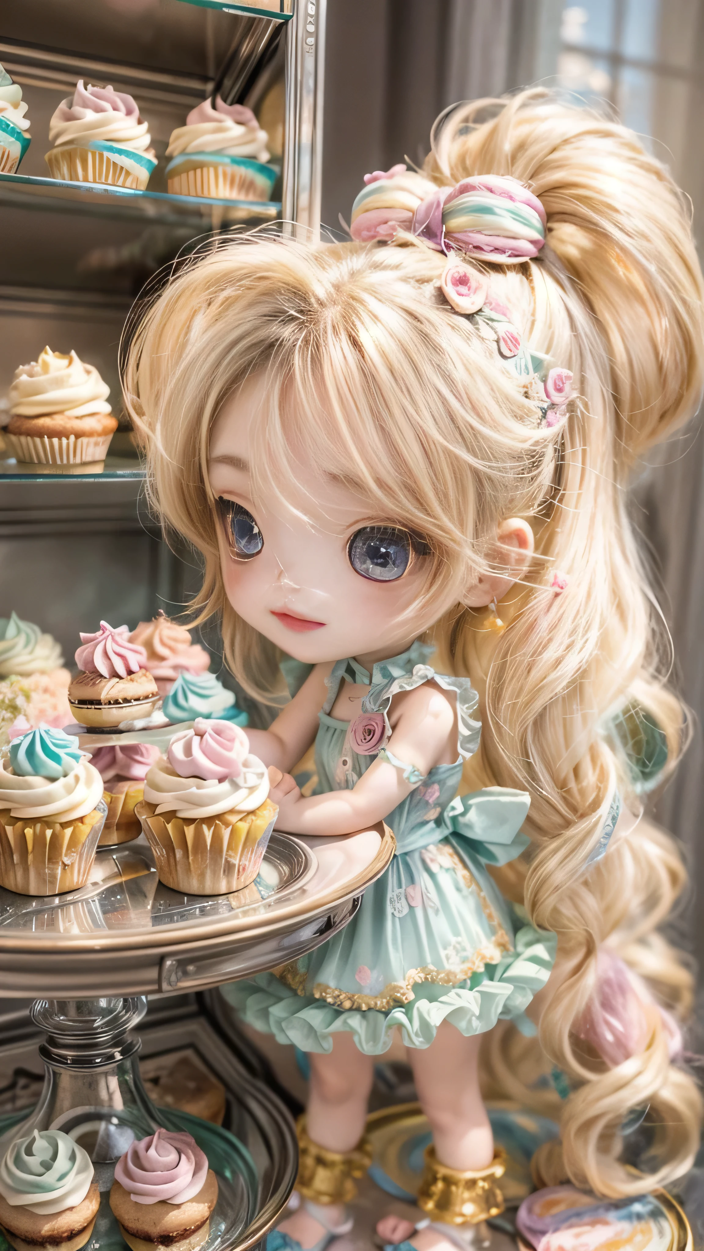 masterpiece, highly detailed, (chibi:1.3), , (1girl), blonde hair, pastel colors, cozy atmosphere, dessert display case, macarons, cupcakes, tarts, cakes, coffee machine, chalkboard menu, natural lighting, glass jars filled with candy, frosted window panes, decorative plates, whimsical decor, sugar sculptures,   