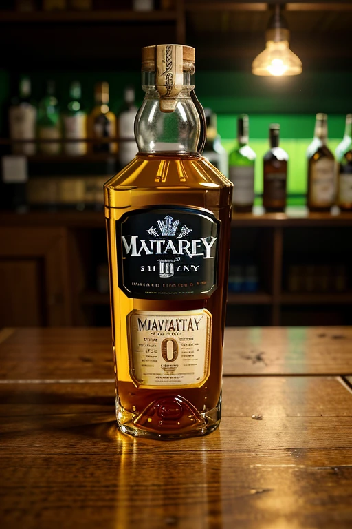(natureza morta), (obra de arte), (melhor qualidade), (a bottle of whiskey, a glass of whiskey:1.2), um pilar de carvalho escuro, uma bela luz de fundo, Um quarto escuro em um clube de elite, ultra detalhado, reflections, extremamente detalhado, 8k, fundo detalhado