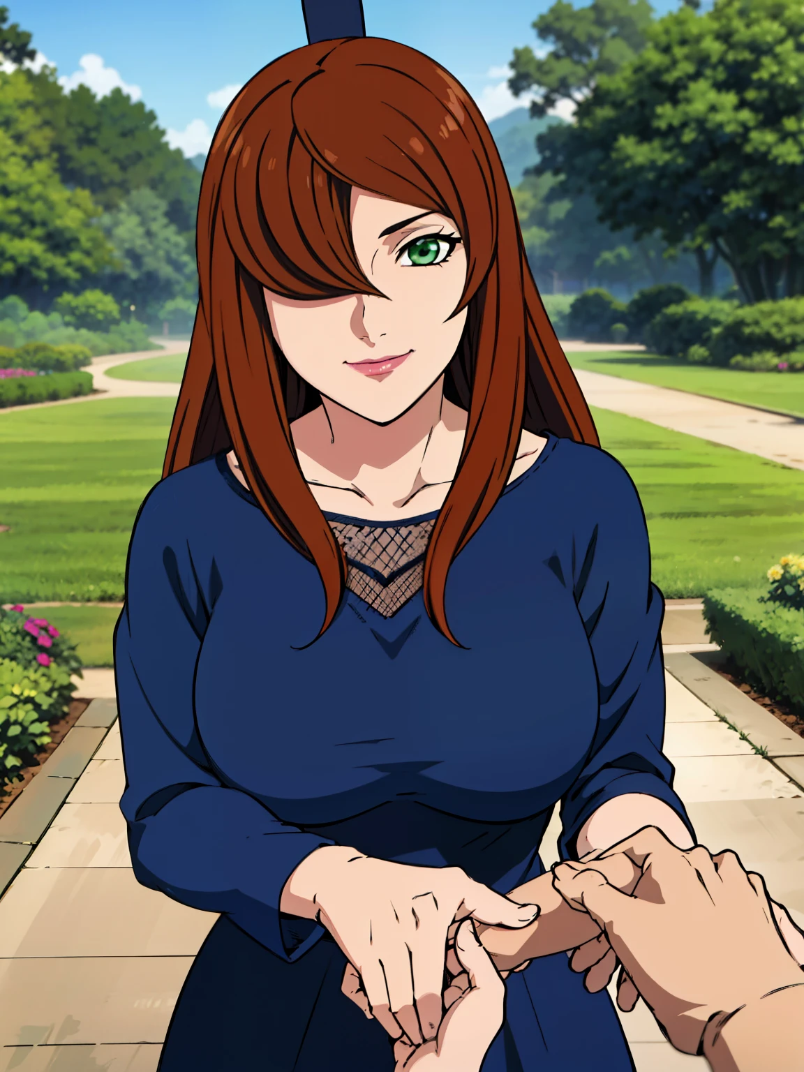 (Holding Hands Pov : 1), blue dress, garden background, Mei Terumi, anime cels style, best quality, high resolution, 1girl, (large breasts:1.2), beautiful face, long hair, brown hair, green eyes, ((hair over one eye)), lipstick, cowboy shot, light smile