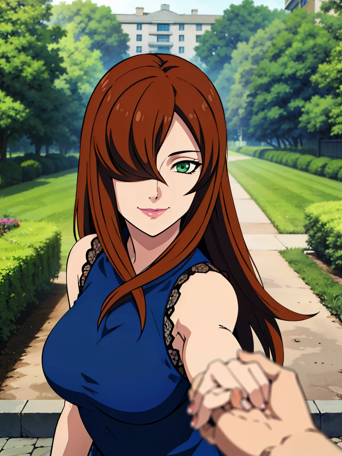 (Holding Hands Pov : 1), blue dress, garden background, Mei Terumi, anime cels style, best quality, high resolution, 1girl, (large breasts:1.2), beautiful face, long hair, brown hair, green eyes, ((hair over one eye)), lipstick, cowboy shot, light smile