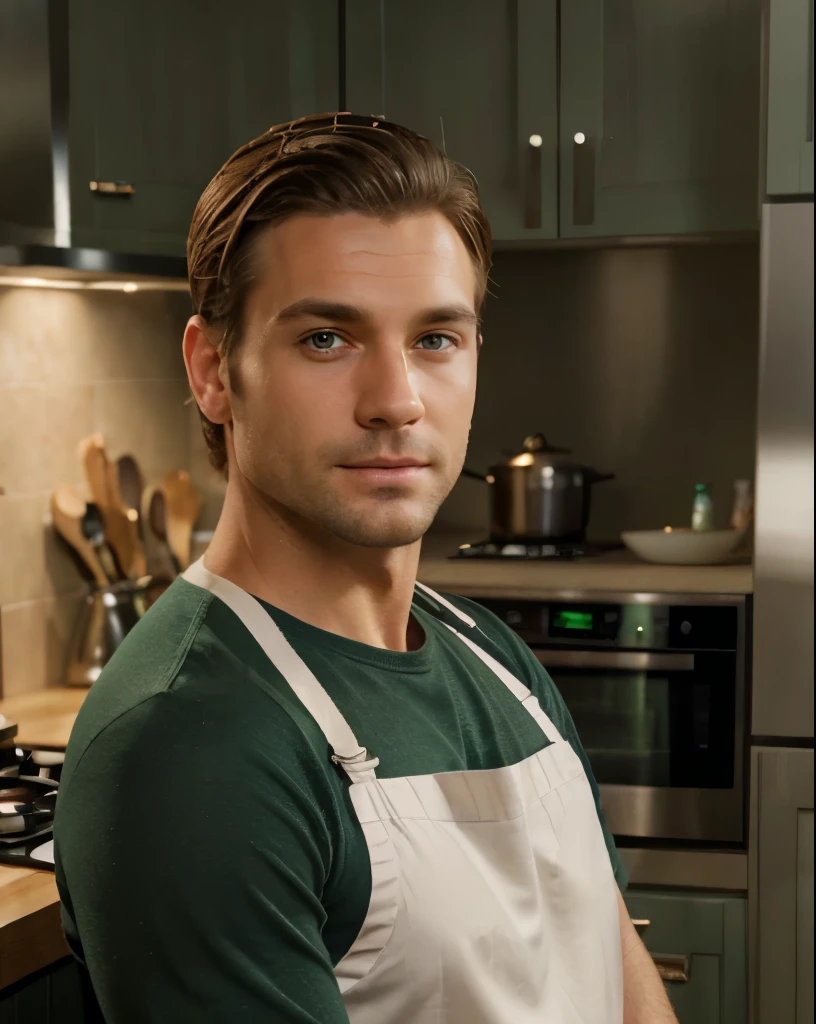handsome 40 year old desirable caucasian man with distinguished features, standing behind kitchen counter with chef's knife, wearing an apron, looking straight ahead, athletic build, tall height, light brown medium length hair, clean cut haircut, (shaved face), (intriguing green eyes), seductive smile with a gentle expression, detailed depiction of facial features, perfectly symmetrical face, crisp details, ultra-fine rendering, studio lighting which masterfully accentuates his excellent features,