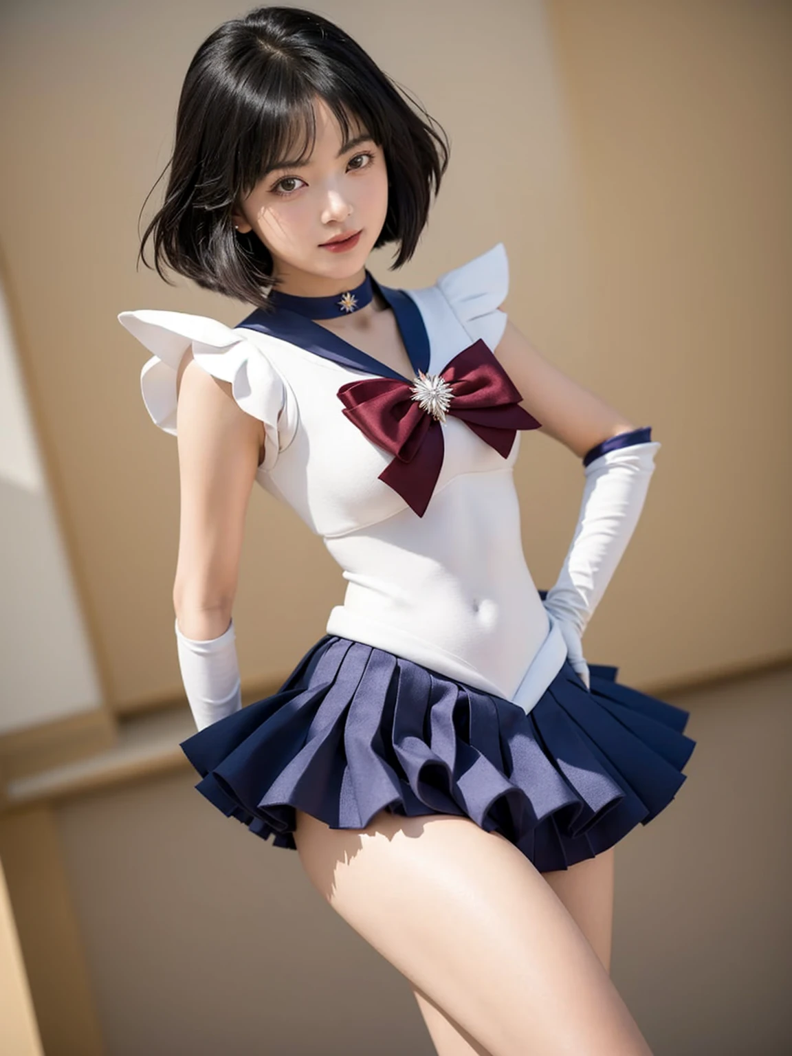 (masterpiece, best quality:1.2), alone, 1 woman, sailor saturn, Magic Girl, laugh, closed mouth, looking at viewer, put hands on hips, tiara, Sailor Senshi Uniform, pleated skirt, elbow gloves, bijouterie, brooch, choker