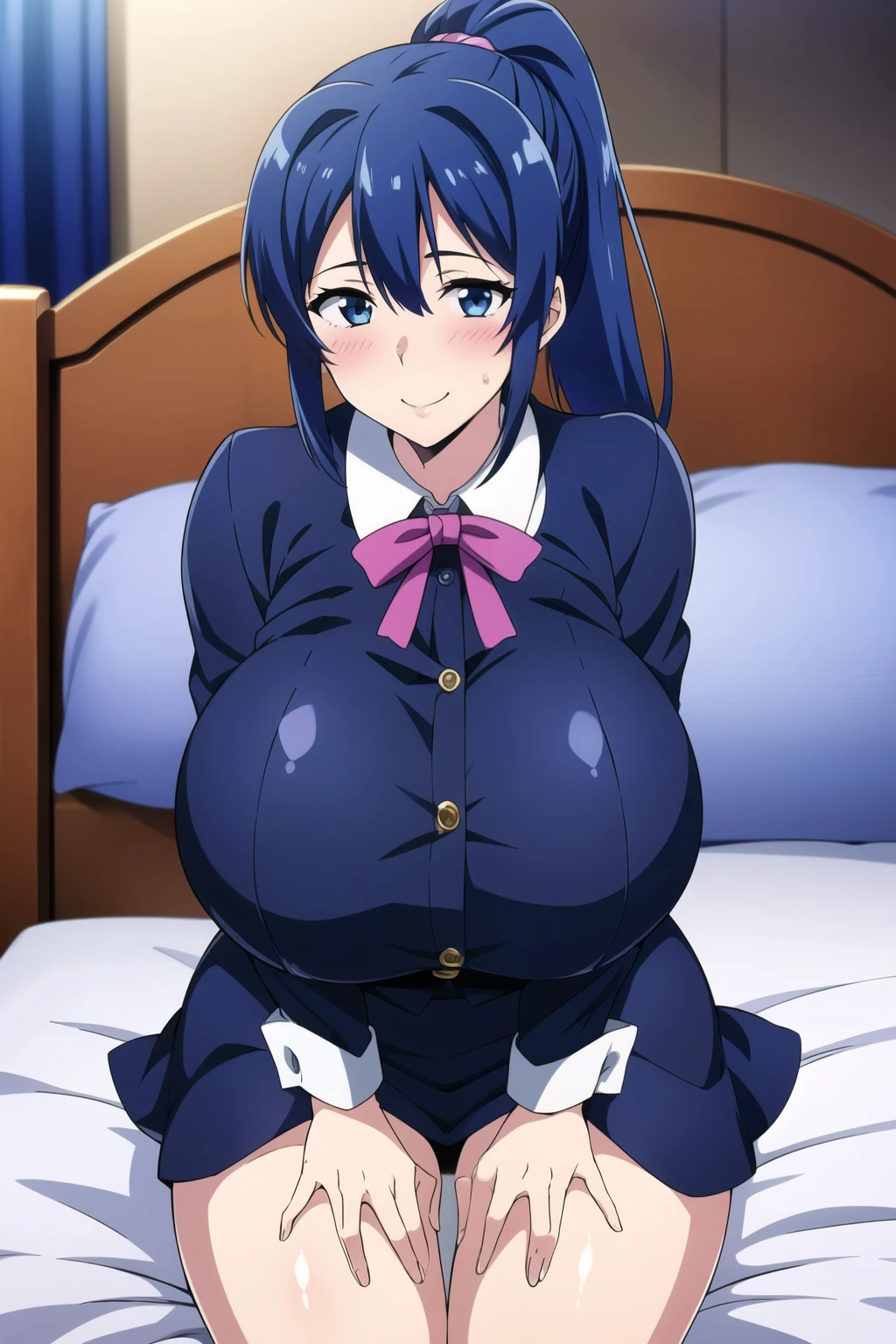 Best image quality、4K.Anime Cel Style, highest quality, High resolution, 1 girl, (Huge breasts:1.4), blush, Embarrassing, Inside the hotel,bed, smile,、Blue Hair、Blue Hairponytail、blue eyes、ponytail、Blue Hairのponytail,pink maid outfit