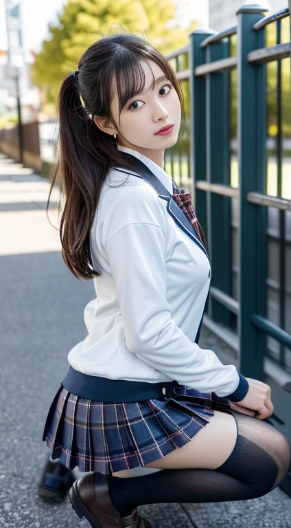 (((cowboy shot))),Ultra-high resolution,big eyes,(brown eyes),Japanese,(forehead),(a girl),(1 girl),((17 years old)),(cute),pretty,((facing at viewer)),grin,(((white school sailor uniform))),pleated skirt,sitting,thighs