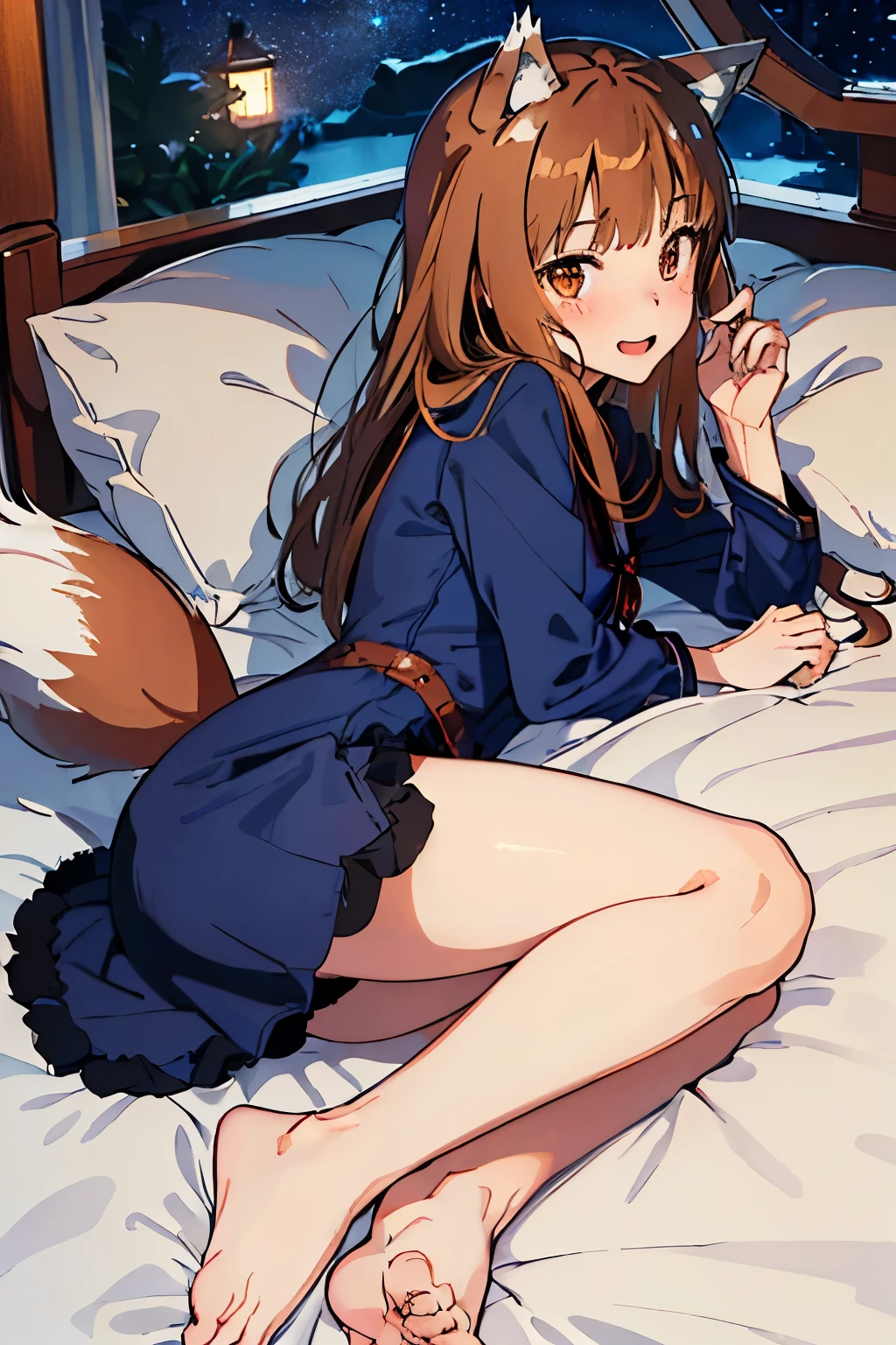 highest quality、High resolution、1 girl、alone、holo、Canine、tooth、(Aligning bangs、Light Brown Hair、Wolf Ears、One Tail、holo、Navy Blue Dress、Inn at night、bedroom、(Lying in bed、It has a big tail)