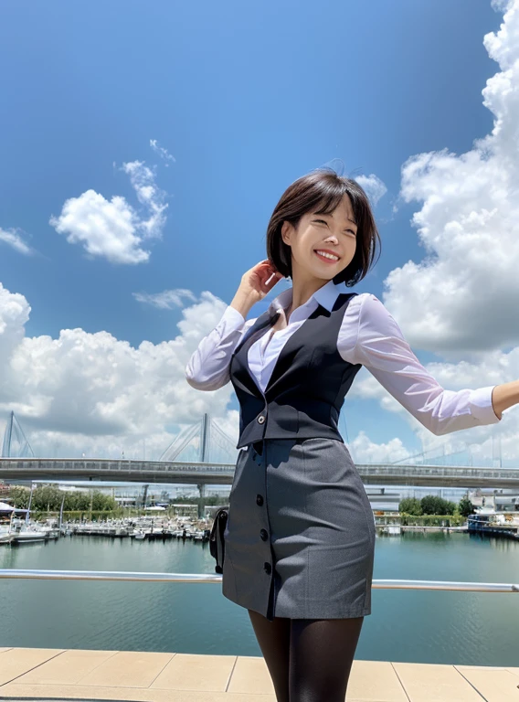 (8k, highest quality, masterpiece:1.2),
(Realistic, photo-Realistic:1.37),
Very detailed,
1 girl, whole body, Outdoor, (Style your hair:1.5)
office lady, black office blazer, Office Skirt, (pantyhose:1.2), (Short button-down shirt:1.2), Button-up collar prim, Button-down collar prim, good, (pantyhose:1.2), Alpha Layer, High heels,
Beautiful earrings,
cute,
alone,
Beautifully detailed skies,
(smile:1.15),
(Mouth closed),
Small breasts,
Beautiful fine details,
business suit,
(short hair:1.2),
Floating Hair NovaFrogStyle,