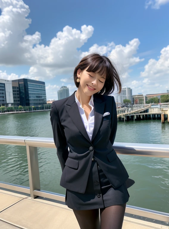 (8k, highest quality, masterpiece:1.2),
(Realistic, photo-Realistic:1.37),
Very detailed,

1 girl, whole body, Outdoor, (Style your hair:1.5)
office lady, black office blazer, Office Skirt, (pantyhose:1.2), (Short button-down shirt:1.2), Button-up collar prim, Button-down collar prim, good, (pantyhose:1.2), Alpha Layer, High heels,

Beautiful earrings,
cute,
alone,
Beautifully detailed skies,
(smile:1.15),
(Mouth closed),
Small breasts,
Beautiful fine details,
business suit,
(short hair:1.2),
Floating Hair NovaFrogStyle,