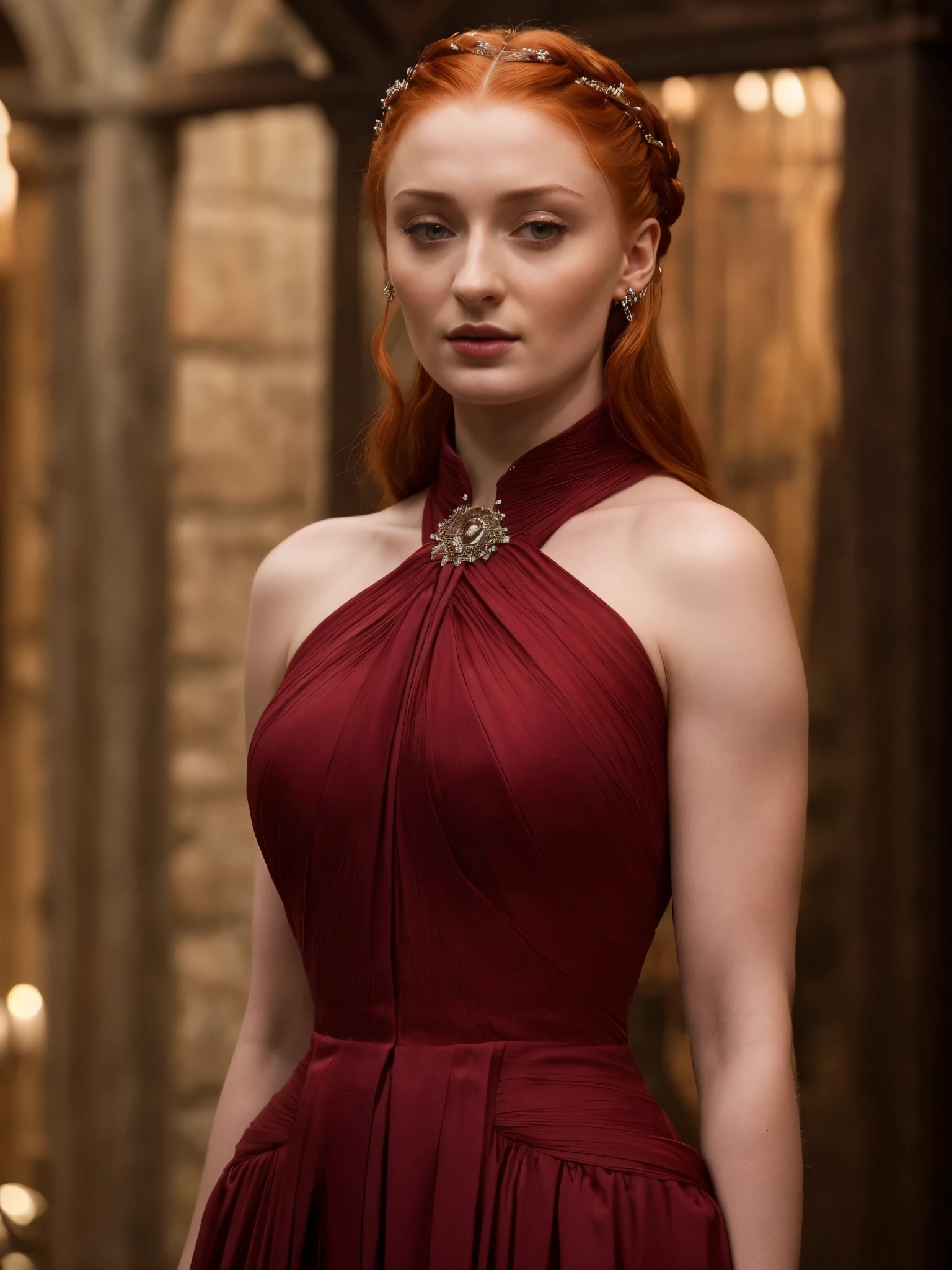 Face of Sophie Turner, Sansa Stark played by Sophie Turner, the de facto Lady of the Eyrie, is a 40-year-old mature queen with a stunning, alluring appearance. Full Face, pierced eyes, reddish lips, upper body shot, erotic Mediaeval costumes, game of thrones costumes, She wears a Game of Thrones-inspired costume and has a deep cleavage, a perfect thick body, and a perfect thick figure. The photograph captures her in a close-up, with her skin texture and facial features being ultra-realistic and realistic. Juicy thick figure, high quality skin, Skin pores, amazing details,