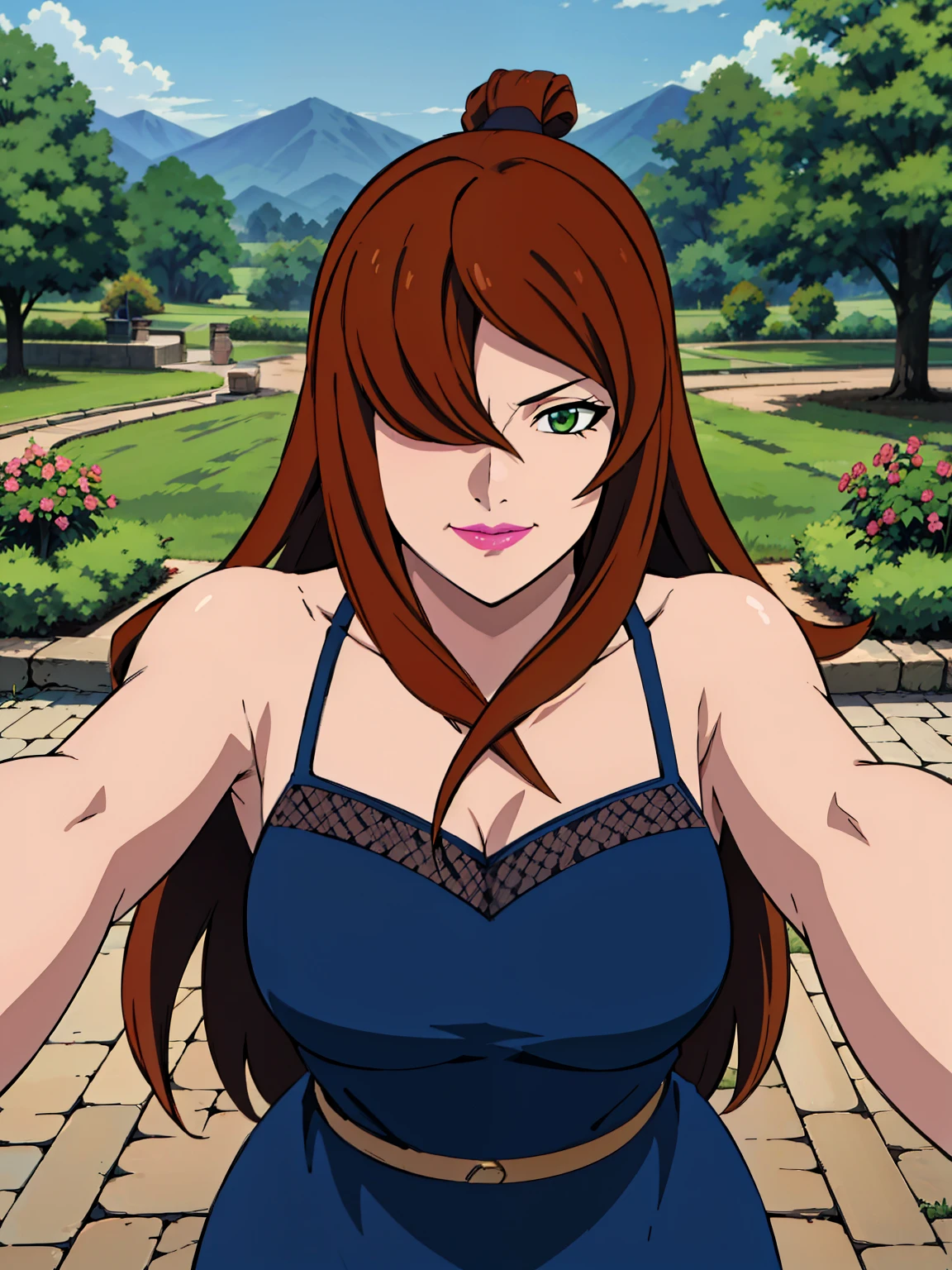 (Grabbing Viewer POV : 1), blue dress, garden background, Mei Terumi, anime cels style, best quality, high resolution, 1girl, (large breasts:1.2), beautiful face, long hair, brown hair, green eyes, ((hair over one eye)), pink lipstick, cowboy shot, light smile