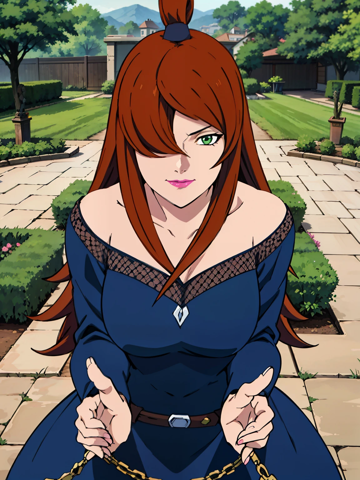 (Grabbing Viewer POV : 1), blue dress, garden background, Mei Terumi, anime cels style, best quality, high resolution, 1girl, (large breasts:1.2), beautiful face, long hair, brown hair, green eyes, ((hair over one eye)), pink lipstick, cowboy shot, light smile