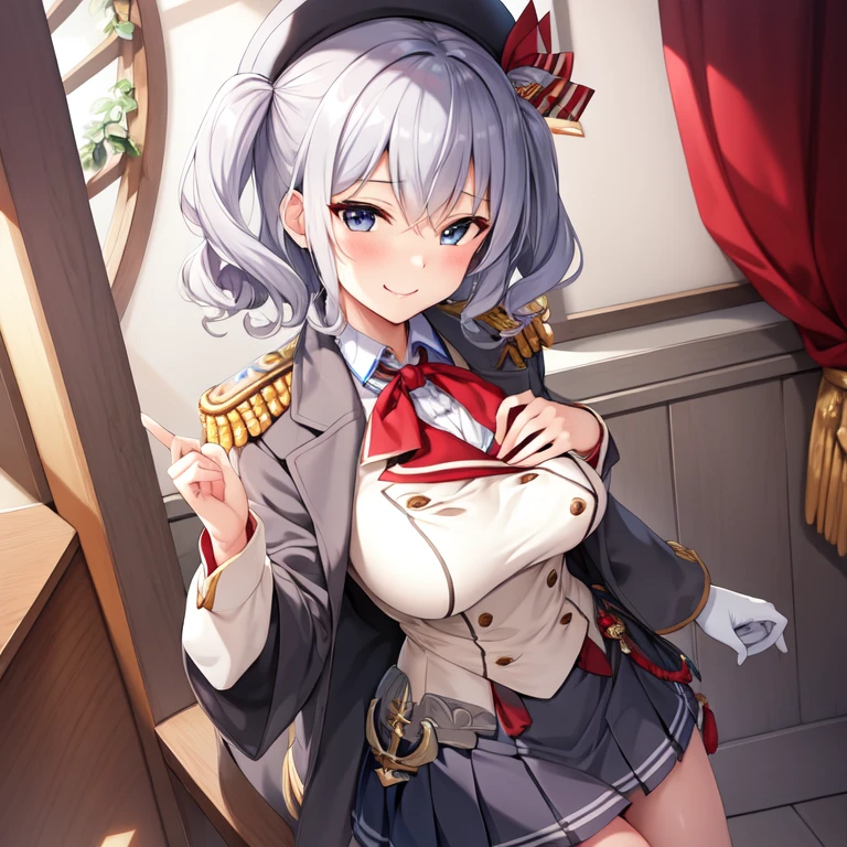 (masterpiece, best quality:1.2),Smirk,One hand touched his chest,illustration,8k,HD,1 Girl,Solitary,portrait,blush,Gray hair,blue eyes,curls,Double tail,Crane plum,Berets,Epaulettes,Ruffled sleeves,jacket,Large Breasts,Long sleeve,,mini skirt,Pleated Skirt,Red tie,White gloves,anchor,