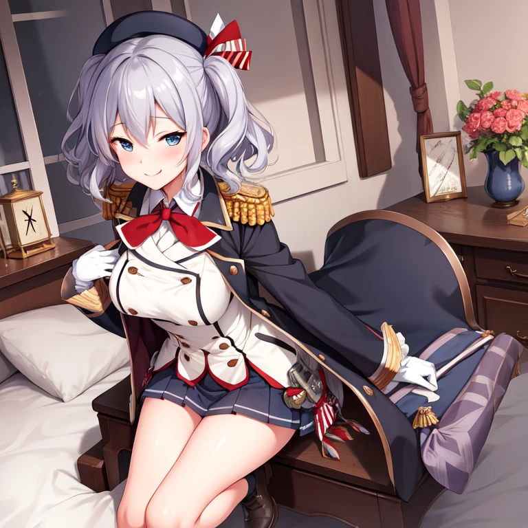 (masterpiece, best quality:1.2),Smirk,One hand touched his chest,illustration,8k,HD,1 Girl,Solitary,portrait,blush,Gray hair,blue eyes,curls,Double tail,Crane plum,Berets,Epaulettes,Ruffled sleeves,jacket,Large Breasts,Long sleeve,,mini skirt,Pleated Skirt,Red tie,White gloves,anchor,
