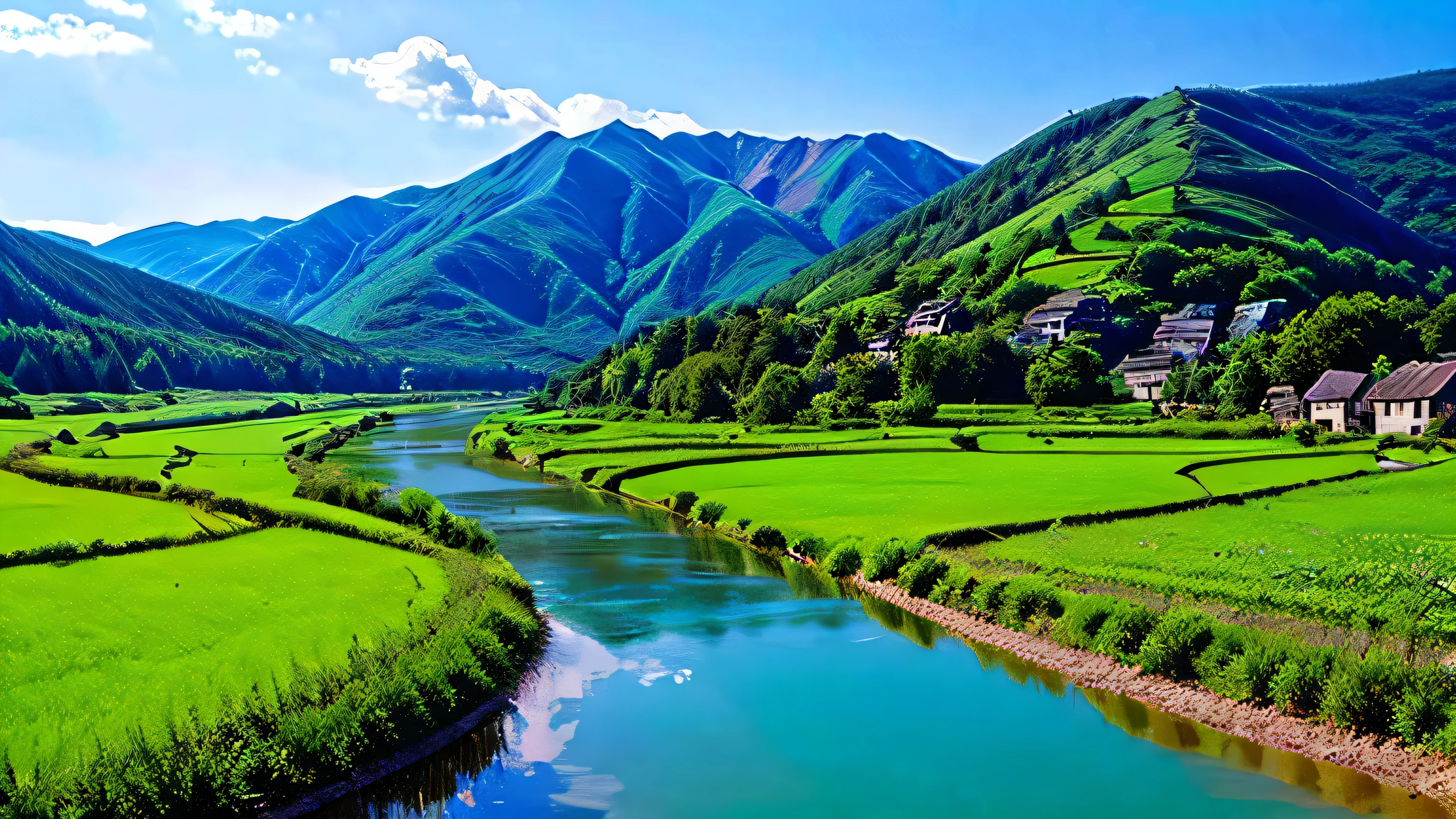 A beautiful village nestled in green grasslands, with a clear stream winding through, distant mountains, detailed environment, masterpiece, best quality, 4k, illustration style, best lighting, depth of field.
--v 6 --s 1000 --c 20 --q 5 --chaos100