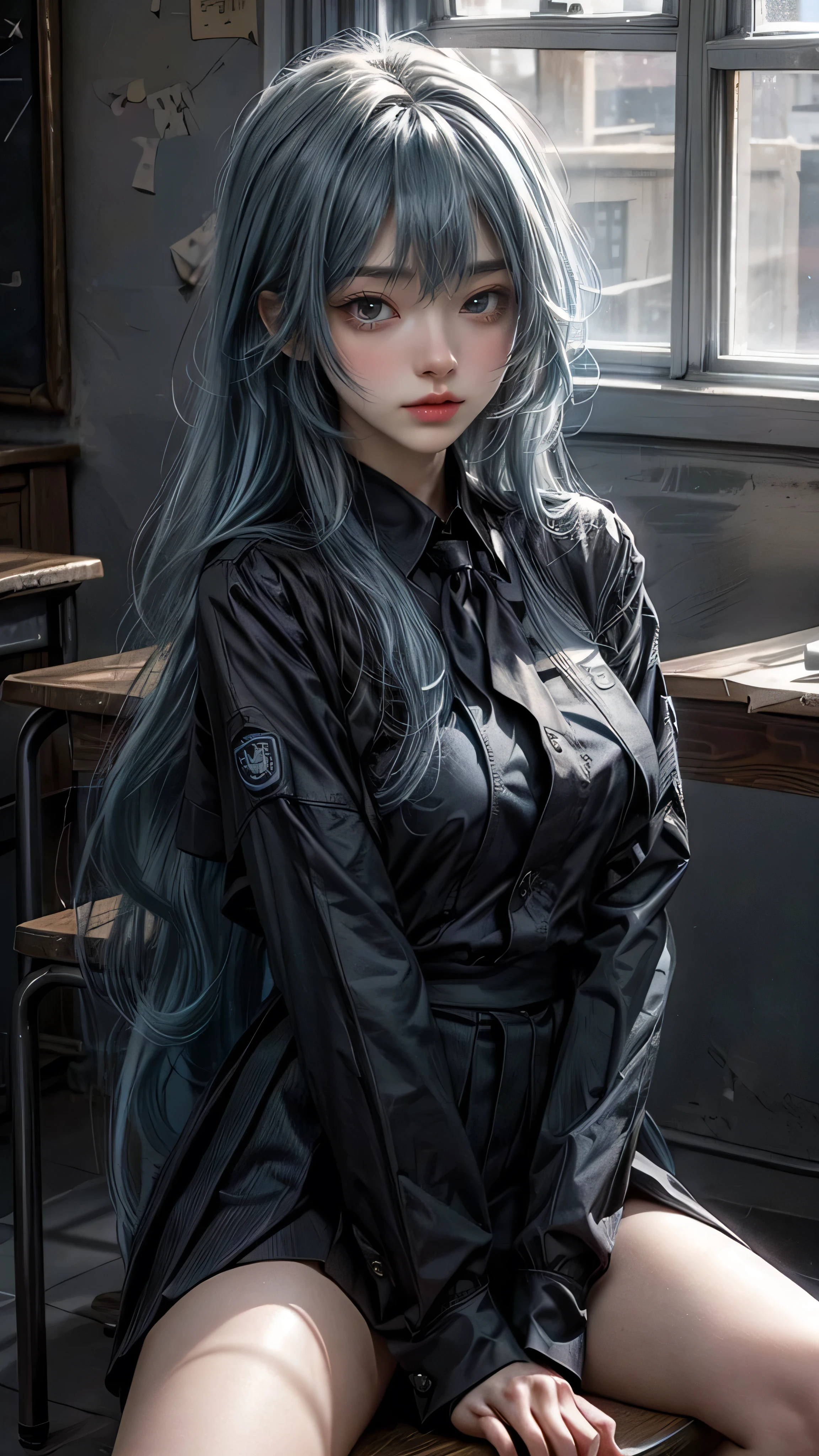 1girl, long light blue hair, dark blue, sit in class, black school modern uniform, anime
