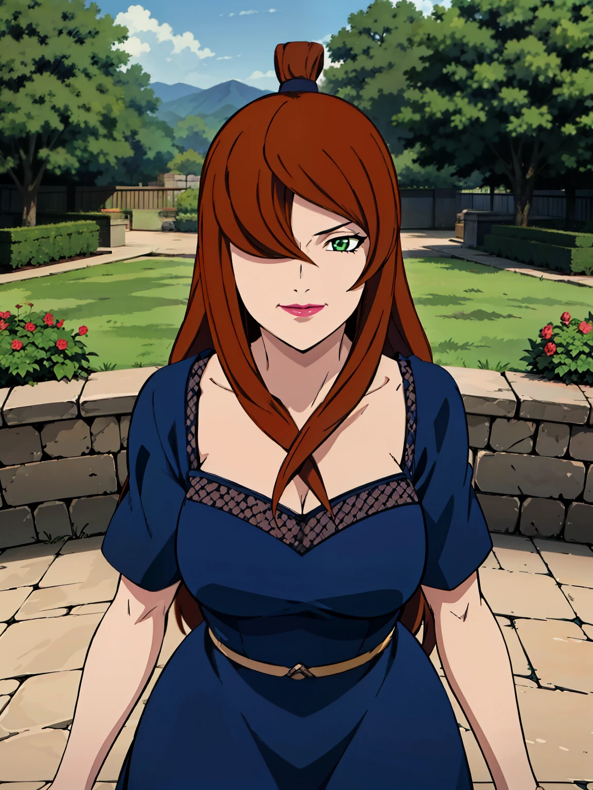 (Grabbing Viewer POV : 1), blue dress, garden background, Mei Terumi, anime cels style, best quality, high resolution, 1girl, (large breasts:1.2), beautiful face, long hair, brown hair, green eyes, ((hair over one eye)), pink lipstick, cowboy shot, light smile