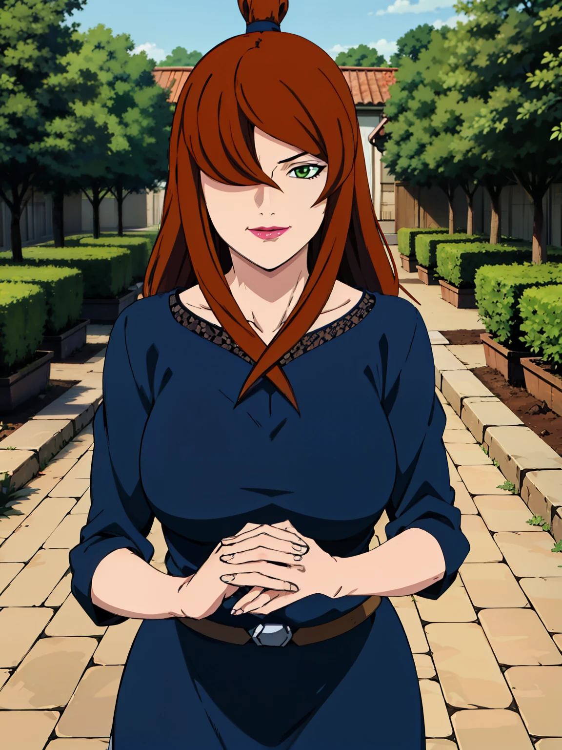 (Grabbing Viewer POV : 1), blue dress, garden background, Mei Terumi, anime cels style, best quality, high resolution, 1girl, (large breasts:1.2), beautiful face, long hair, brown hair, green eyes, ((hair over one eye)), red lipstick, cowboy shot, light smile