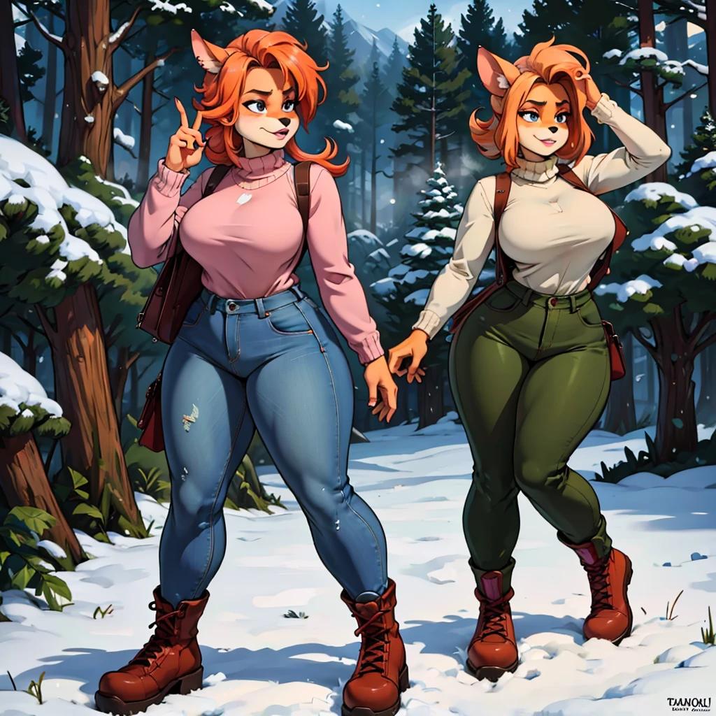 (best quality, highres, (realistic:1.37), ultra-detailed, professional, vivid colors, bokeh), digital illustration, cozy atmosphere, warm lighting, winter landscape, snowy forest, enchanted forest, girl with a sweater, pants, army boots, furry anthro bandicoot, playful expression, dynamic pose, snowflakes, misty breath, magical aura, dreamlike, peaceful, fantasy theme