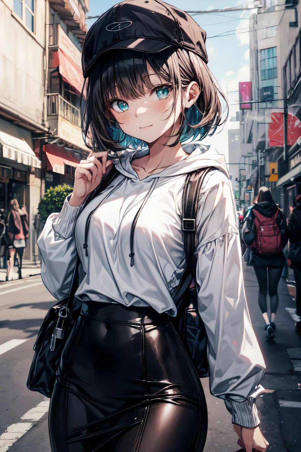 an extremely delicate,
beautiful girl,
break,
8k,
best quality,
masterpiece,
ultra hires,
ultra detailed girl,
super fine illustration,
break,
active pose,
street,
shiny,
bright,
rim lighting,
break,
1girl,
solo,
college age,
perfect female body,
black hair,
short hair,
bangs hairpin,
asymmetrical bangs,
round face,
PaleTurquoise eyes,
sleepy,
(smile:0.8),
medium breasts,
break,
casquette,
hoodie,
pencil Skirt,
long sleeves,
knapsack,