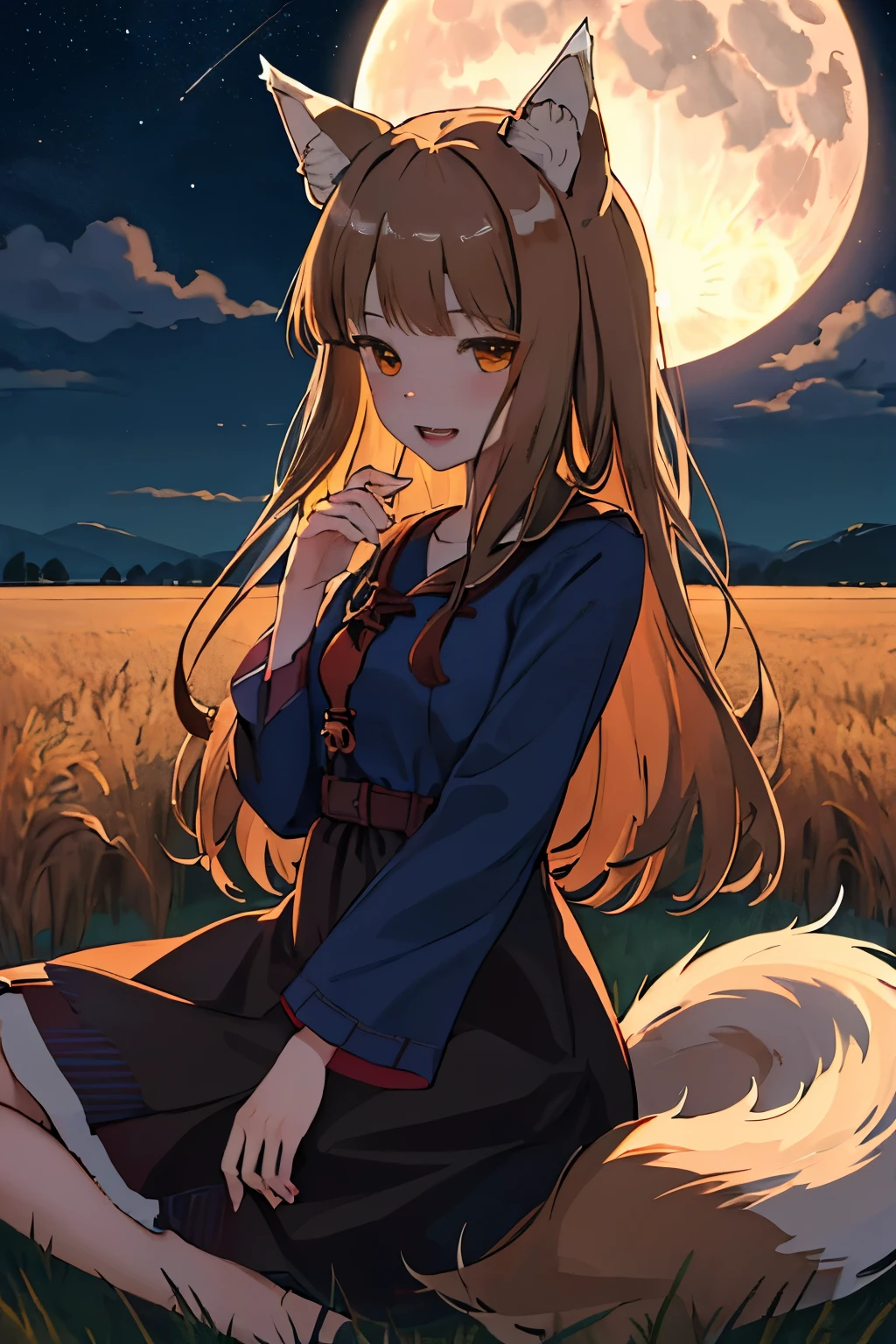 highest quality、High resolution、1 girl、alone、holo、Canine、tooth、(Aligning bangs、Light Brown Hair、Wolf Ears、One Tail、holo、Navy Blue Dress、Wheat field at night、full moon、(It has a big tail)