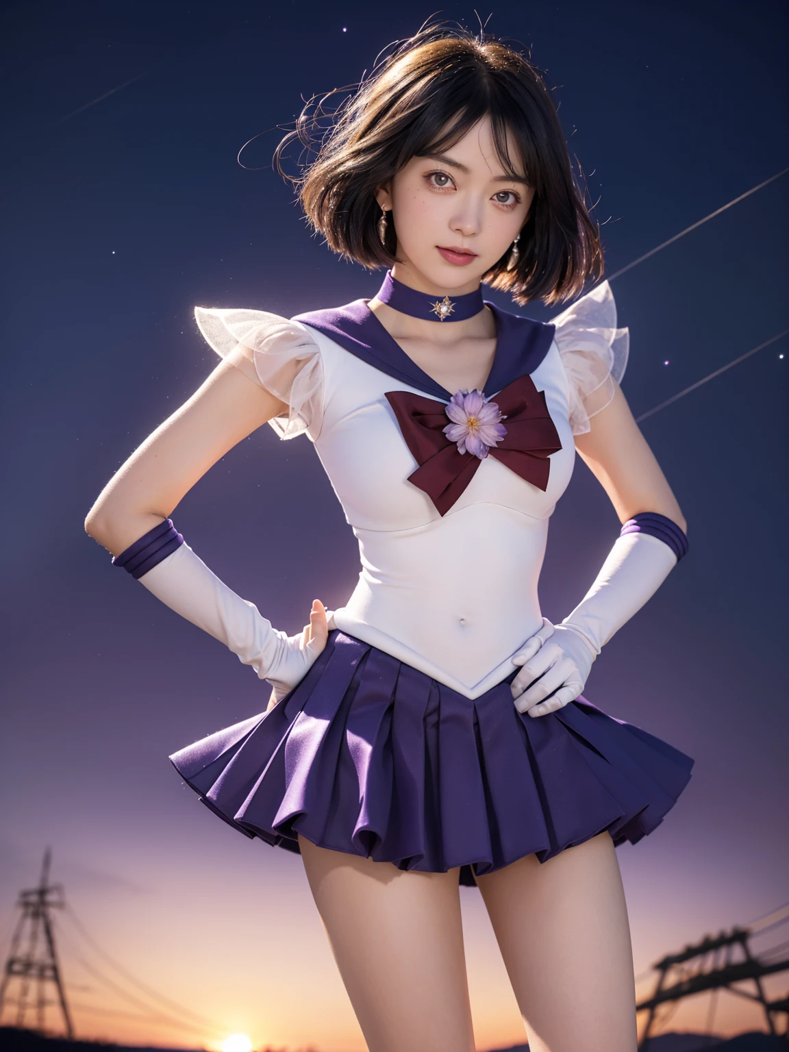 (absurd, mackerel, very detailed, HDR), masterpiece, best quality, alone, 1 woman, sailor saturn, Magic Girl, laugh, closed mouth, looking at viewer, put hands on hips, tiara, Sailor Senshi Uniform, pleated skirt, elbow gloves, bijouterie, brooch, choker, purple light flower background