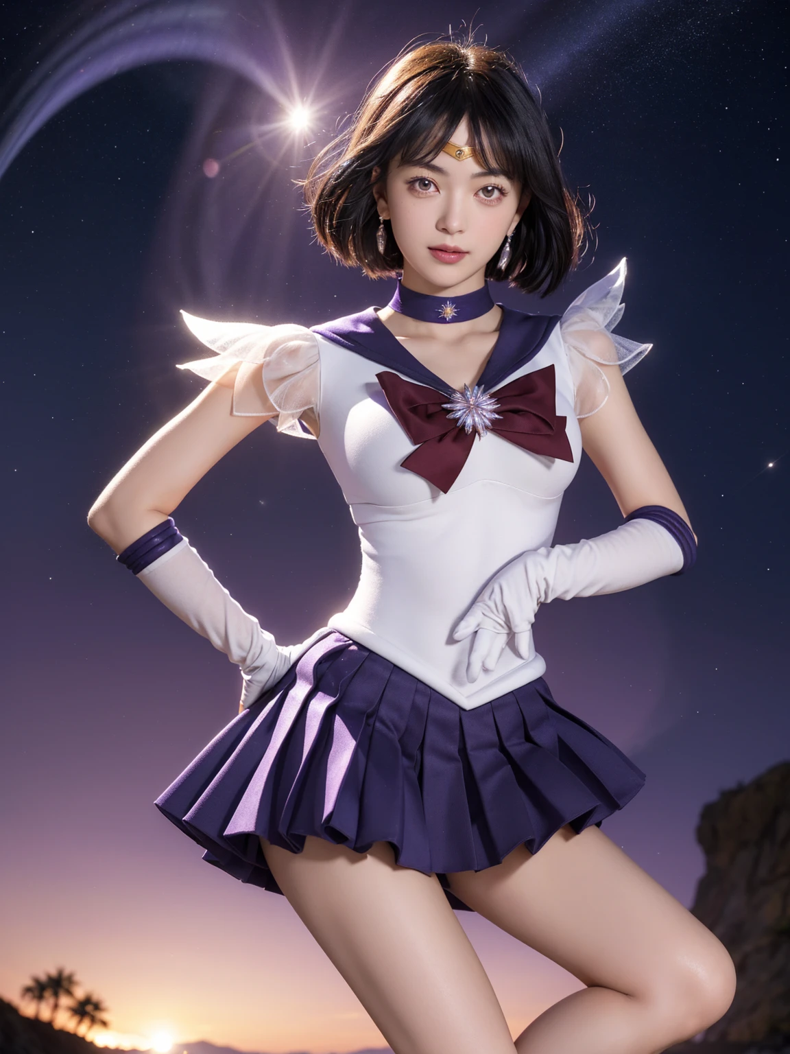 (absurd, mackerel, very detailed, HDR), masterpiece, best quality, alone, 1 woman, sailor saturn, Magic Girl, laugh, closed mouth, looking at viewer, put hands on hips, tiara, Sailor Senshi Uniform, pleated skirt, elbow gloves, bijouterie, brooch, choker, purple light flower background