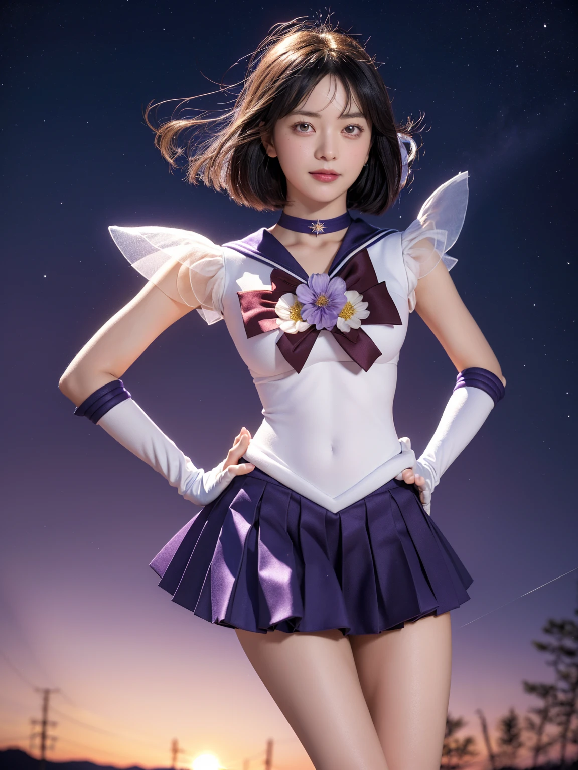 (absurd, mackerel, very detailed, HDR), masterpiece, best quality, alone, 1 woman, sailor saturn, Magic Girl, laugh, closed mouth, looking at viewer, put hands on hips, tiara, Sailor Senshi Uniform, pleated skirt, elbow gloves, bijouterie, brooch, choker, purple light flower background