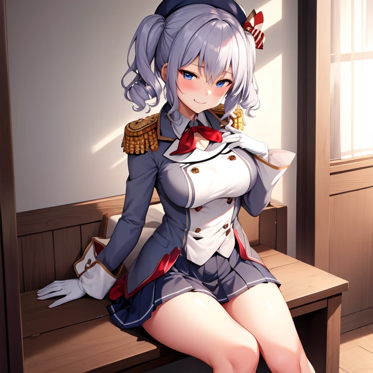 (masterpiece, best quality:1.2),Smirk,One hand touched his chest,illustration,8k,HD,1 Girl,Solitary,portrait,blush,Gray hair,blue eyes,curls,Double tail,Crane plum,Berets,Epaulettes,Ruffled sleeves,jacket,Large Breasts,Long sleeve,,mini skirt,Pleated Skirt,Red tie,White gloves,anchor,