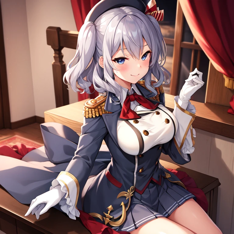 (masterpiece, best quality:1.2),Smirk,One hand touched his chest,illustration,8k,HD,1 Girl,Solitary,portrait,blush,Gray hair,blue eyes,curls,Double tail,Crane plum,Berets,Epaulettes,Ruffled sleeves,jacket,Large Breasts,Long sleeve,,mini skirt,Pleated Skirt,Red tie,White gloves,anchor,