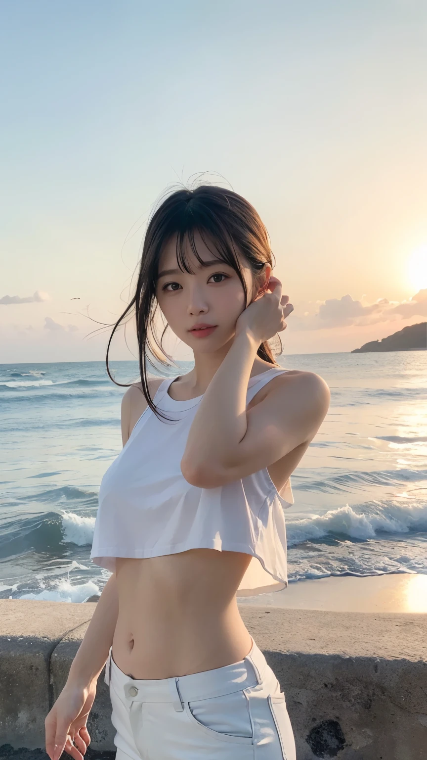 A woman standing on a beach next to the ocean - SeaArt AI