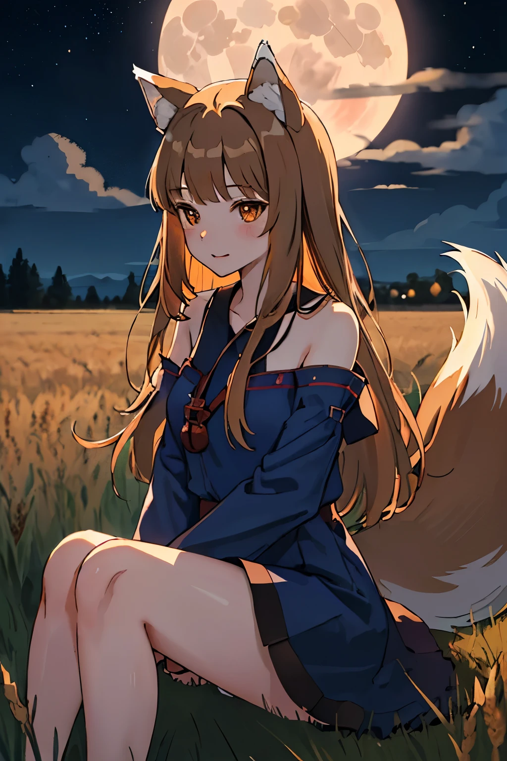 highest quality、High resolution、1 girl、alone、holo、Canine、tooth、(Aligning bangs、Light Brown Hair、Wolf Ears、One Tail、holo、Navy Blue Dress、Wheat field at night、full moon、(It has a big tail)、Sitting with knees up