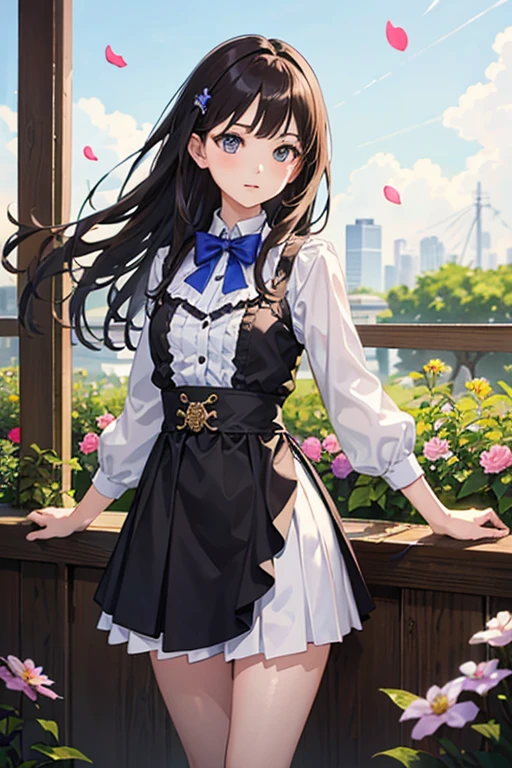 masterpiece, highest quality, One girl, Nogizaka_Costumes, Cowboy Shot, Thighs, beautiful girl, Flowers, Lots of small petals, garden, blue sky, View your viewers, Small waist, Official Art, RAWphotograph, Incredibly absurd, Face Light, Dynamic Lighting, Cinema Lighting, Ultra-realistic, High resolution, photograph, Sharp focus, Most detailed, Very detailed, Super detailed, In detail, Very detailed目と顔