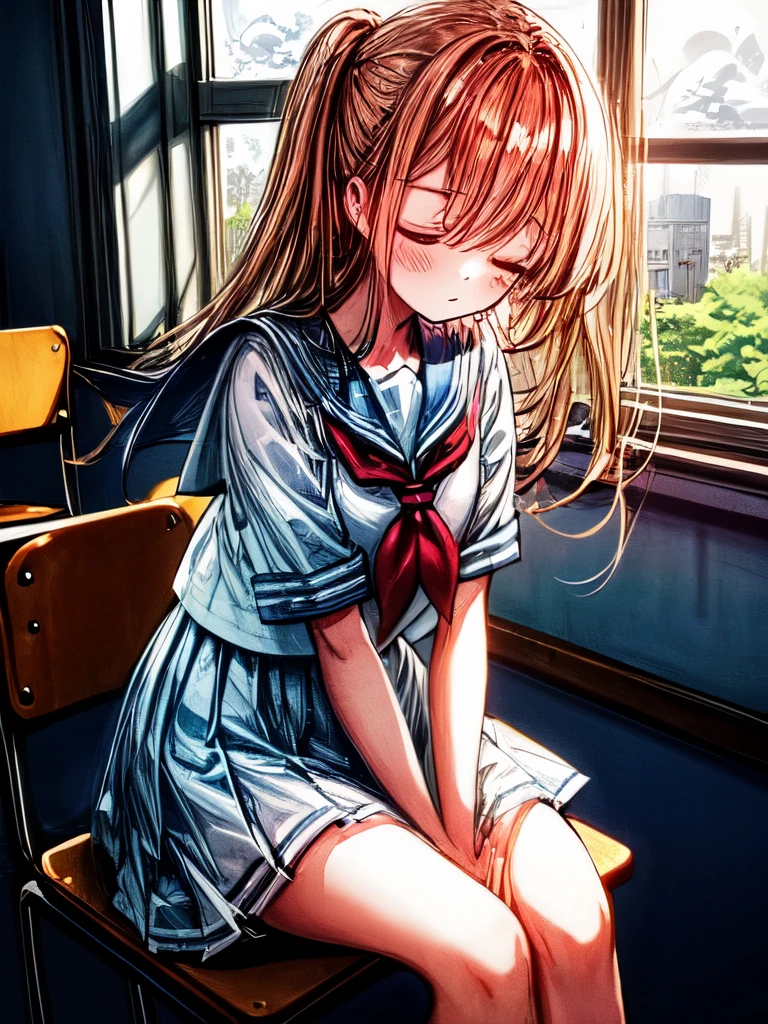Create an image of a sitting girl who is sleeping in a classroom during the day, sailor suit, classroom, A person leaning on their hand and staring at you with a thoughtful expression. The image should capture the essence of summer, The girl should be in a typical summer pose, with a high-contrast effect and a subtle glow. The upper part of the screen should have a darker tone, gradually transitioning into a brighter tone towards the bottom.A beautiful scene of fluffy cumulus clouds entering through the window in the background.