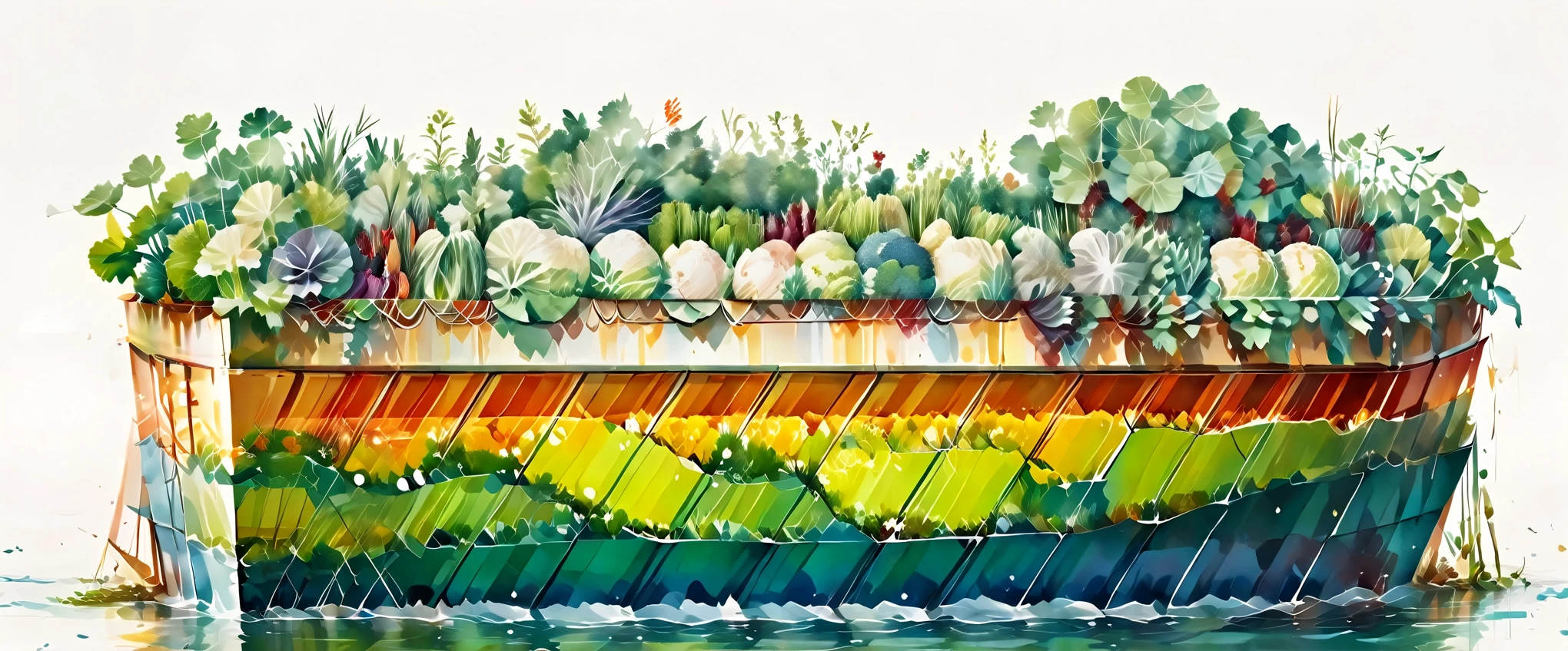 Data visualization of a cross-section of a metal hexagonal boat floating on the water for vegetable cultivation，White background