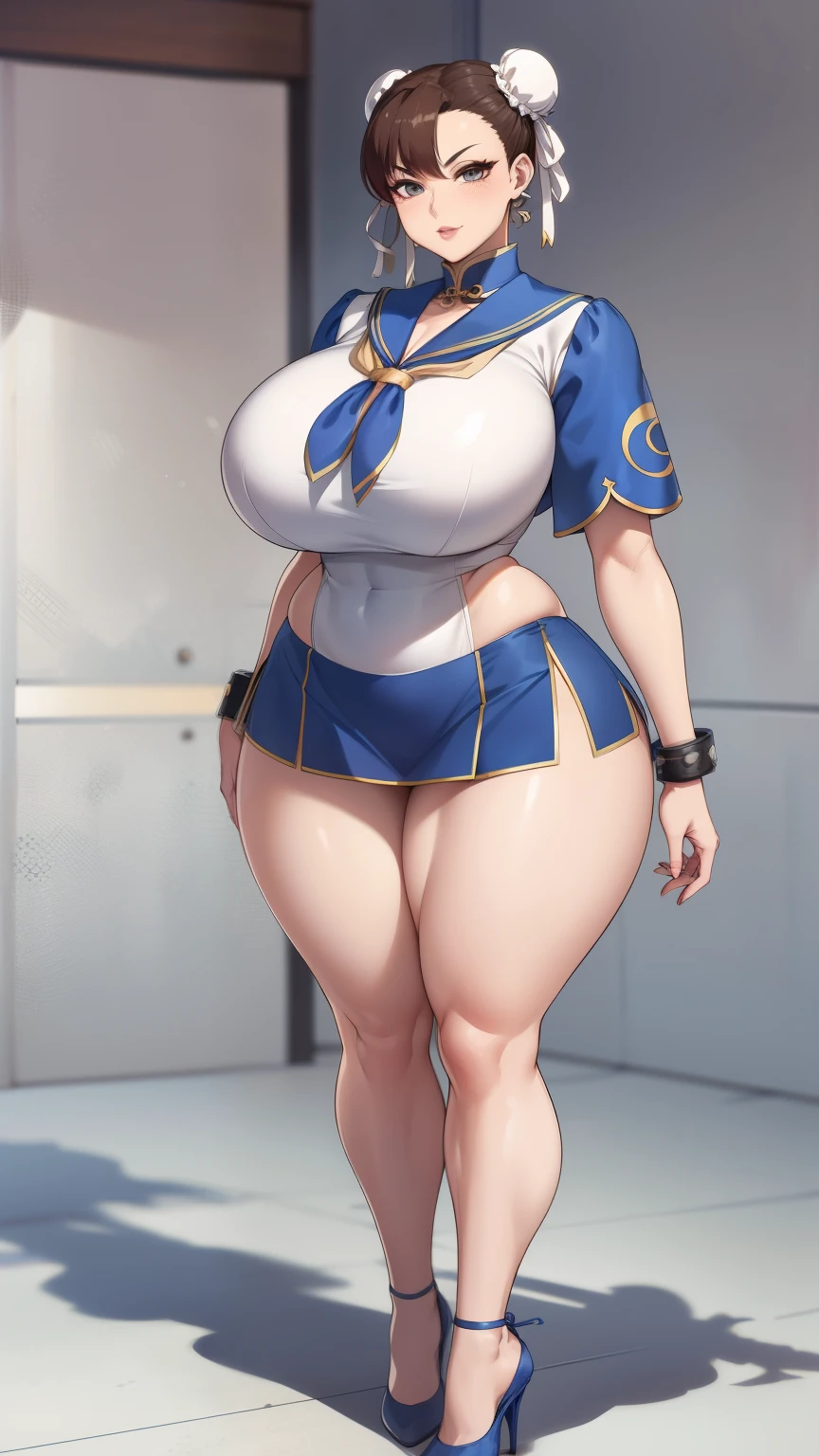 Big Breasts, Big Hips, Full Body Shot, Mature mother, Voluptuous thighs, Full calf, Seductive mature woman, Perfect body, Plus Size Model, Sailor suit, Wearing high heels,Miniskirt Uniform, Chunli,