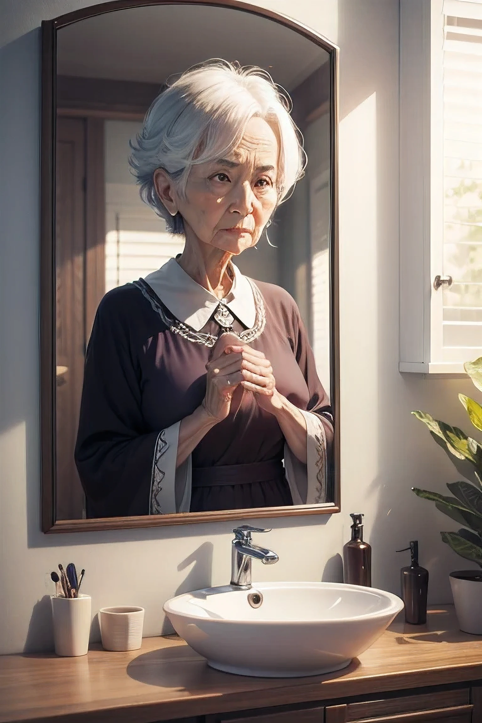 anime grandmother looking in mirror