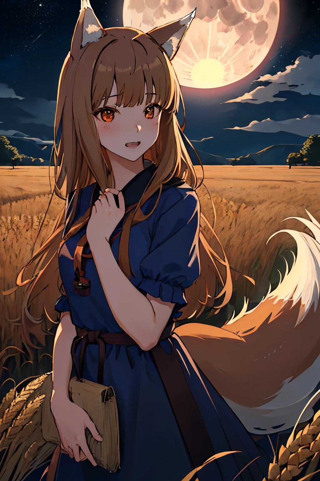 highest quality、High resolution、1 girl、alone、holo、Canine、tooth、(Aligning bangs、Light Brown Hair、Wolf Ears、One Tail、holo、Navy Blue Dress、Wheat field at night、full moon、It has a big tail