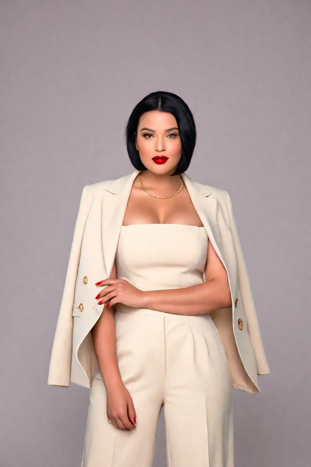 Create the image of a beautiful, elegant, brasileira, (curvy size)) woman with ((shoulder-length short black hair)) and slightly wavy. she is looking at the camera. wears red lipstick, ((mouth closed)). she wears a red blazer and red dress pants. Well-groomed and realistic hands. 32k quality image
