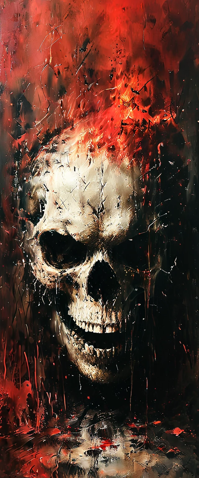(a) (best quality,4k,8k,highres,masterpiece:1.2),ultra-detailed,(realistic,photorealistic,photo-realistic:1.37), dark, eerie, mysterious, (sinister:0.9), (ominous:1.1), (blood-red:1.2) hues, (skull-like:1.1) head of a bull on top of a duck, skull-shaped torches, (burning:1.1) brightly on both sides, dry leafless trees, (lifeless:0.9) landscape, ground covered with skulls, (earth:1.2) and rocks, eerie atmosphere