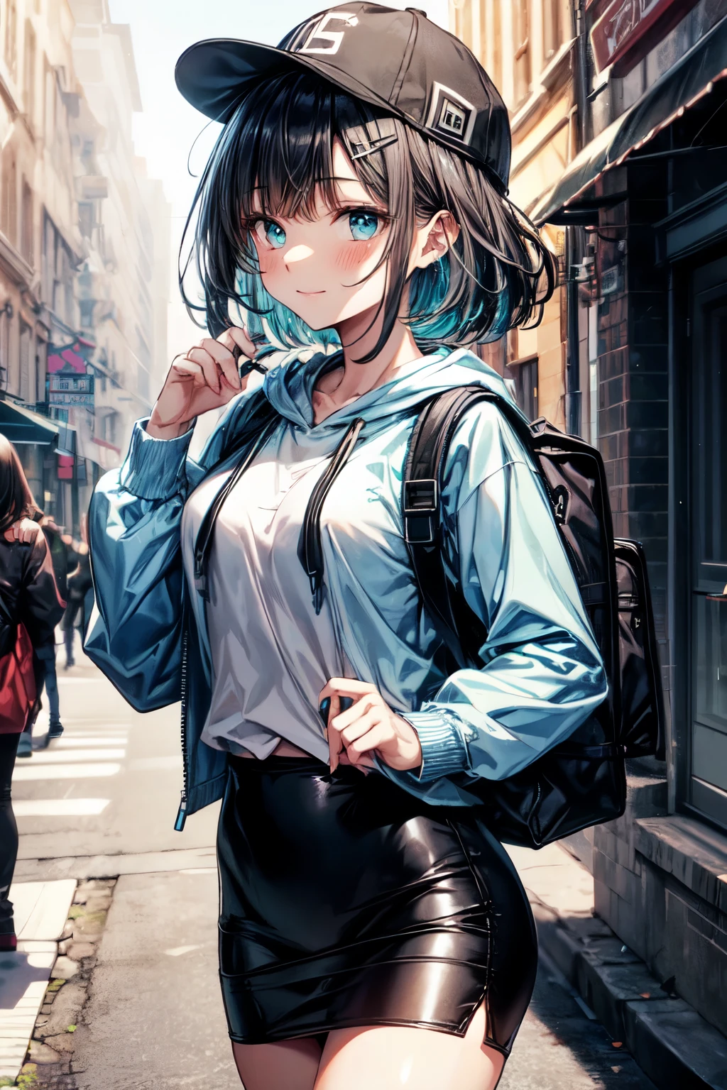 an extremely delicate,
beautiful girl,
break,
8k,
best quality,
masterpiece,
ultra hires,
ultra detailed girl,
super fine illustration,
break,
active pose,
street,
shiny,
bright,
rim lighting,
break,
1girl,
solo,
college age,
perfect female body,
black hair,
short hair,
bangs hairpin,
asymmetrical bangs,
round face,
PaleTurquoise eyes,
sleepy,
(smile:0.8),
medium breasts,
break,
casquette,
hoodie,
pencil Skirt,
long sleeves,
knapsack,